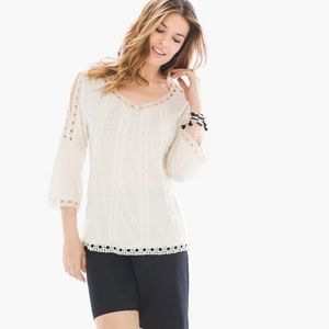 NWT Chicos Ivory Crochet Lace Trim Split Cold Shoulder Linen Rayon Blend Top XL